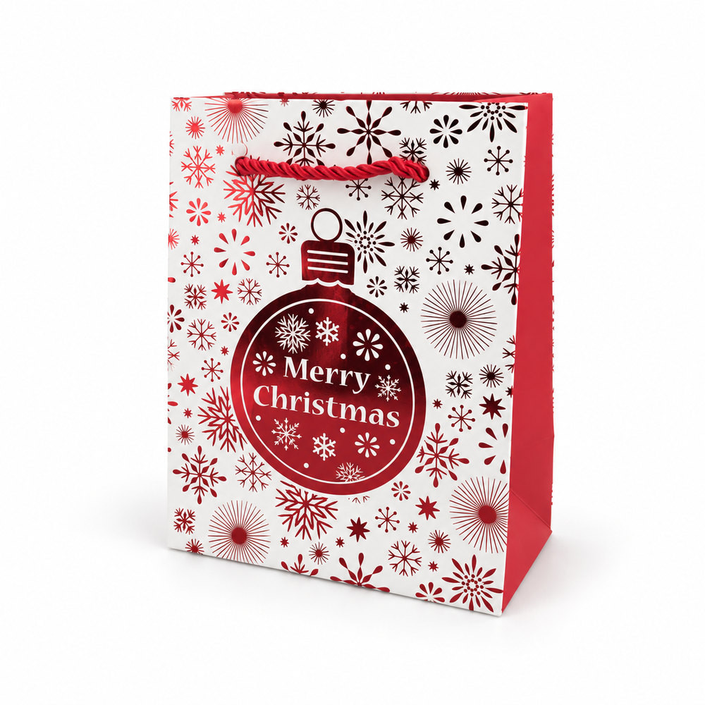 12 sacs cadeau Noël blanc et rouge – Boule et flocons – L