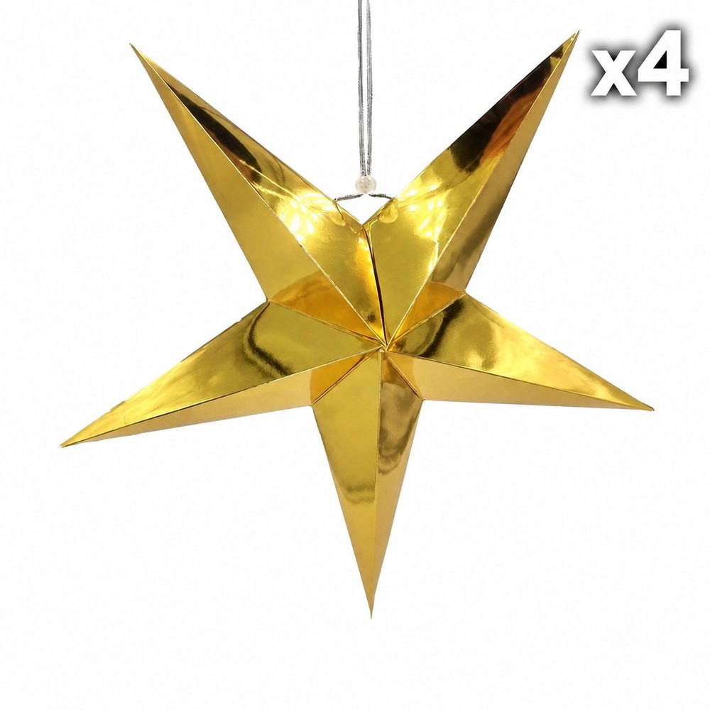Lot de 4 étoiles de Noël dorées en carton pelliculé à suspendre, 2 OFFERTES