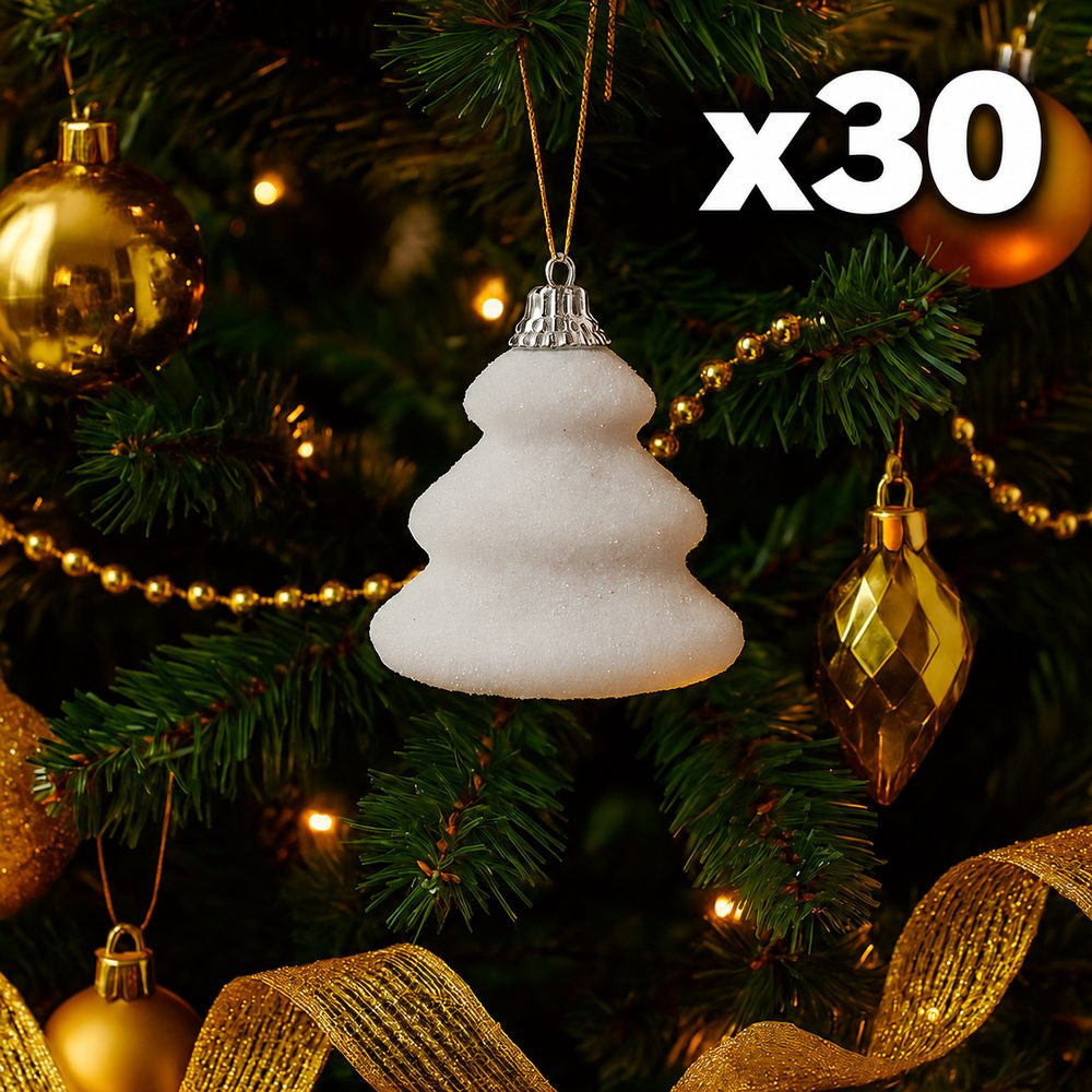 30 sapins blancs à paillettes à suspendre (5 lots de 6), 12 OFFERTS