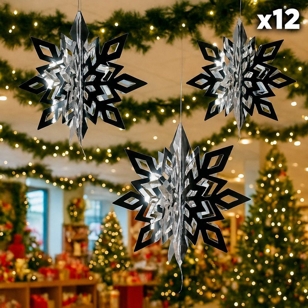 12 flocons de neige argentés en carton brillant (4 lots de 3), 6 OFFERTS