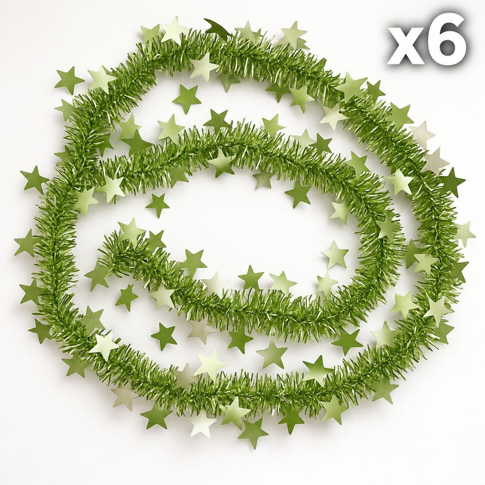Lot de 6 guirlandes de Noël étoiles 5 cm vert amande, 2 OFFERTES