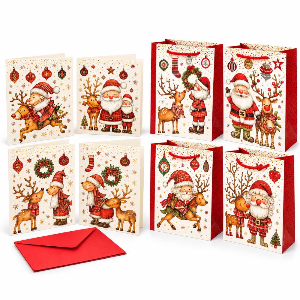 Pack « Père Noël » : 12 petits sacs cadeaux + 12 cartes avec enveloppes, les cartes à -50 %