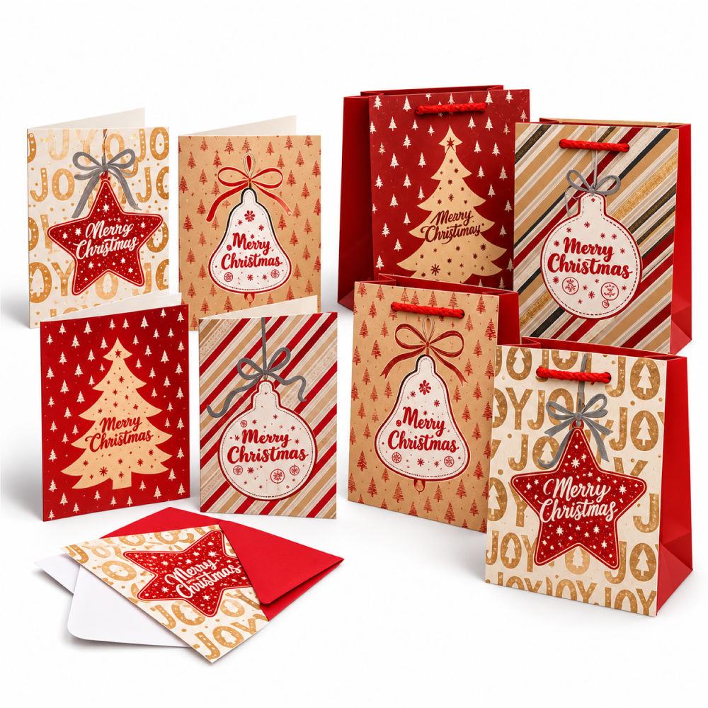 Pack Noël : 12 sacs cadeaux rouge et blanc 18x8x24cm + 12 cartes en relief avec enveloppes à -50 %