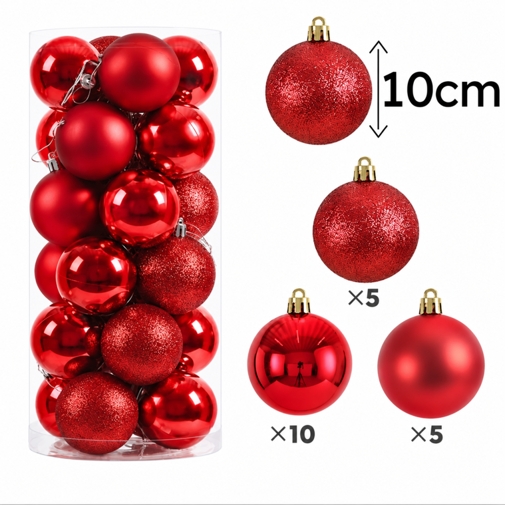 Ensemble de 20 grandes boules de noël 10cm - rouge