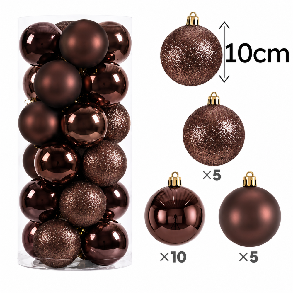 Ensemble de 20 grandes boules de noël 10cm - marron chocolat