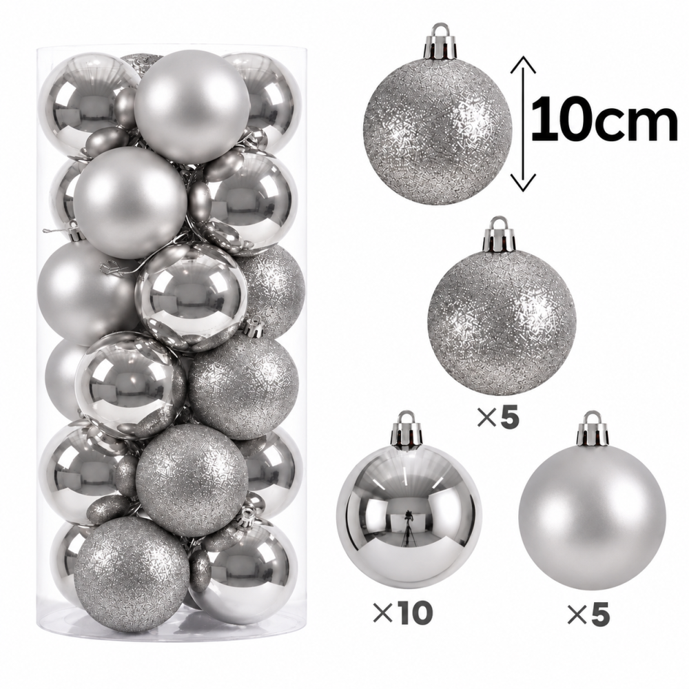 Ensemble de 20 grandes boules de noël 10cm - argenté