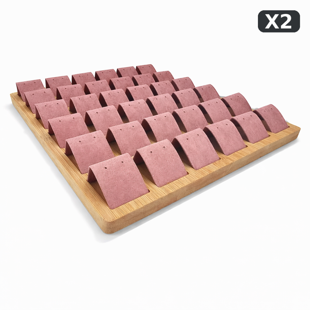 Lot de 2 grands plateaux 36 paires de boucles d'oreilles en bois et suédine rose : le 2e offert