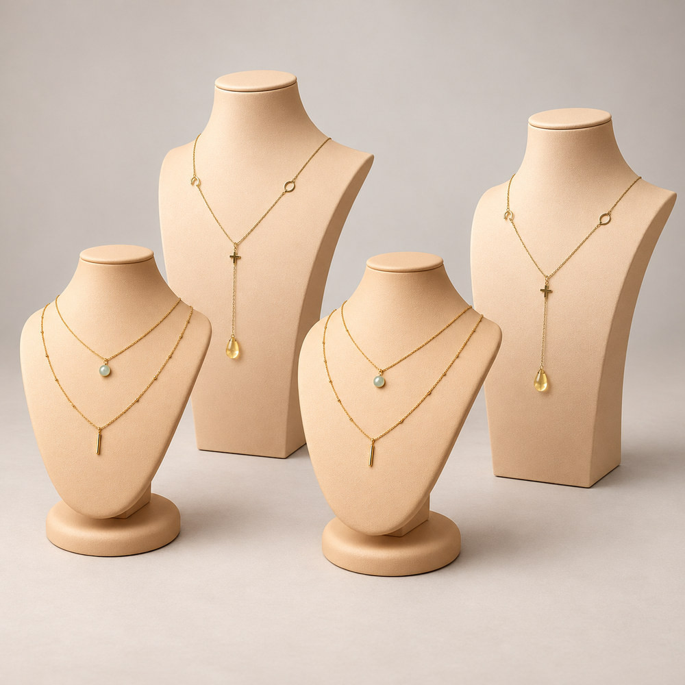 Kit vitrine 4 bustes bijoux en simili cuir champagne : 40, 35, 28 et 25 cm, -50 %