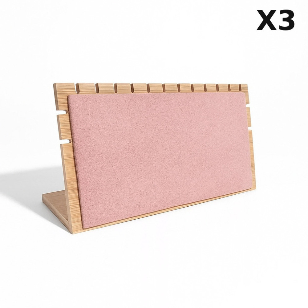Lot de 3 présentoirs à chaînes en bois et suédine rose : -50 %