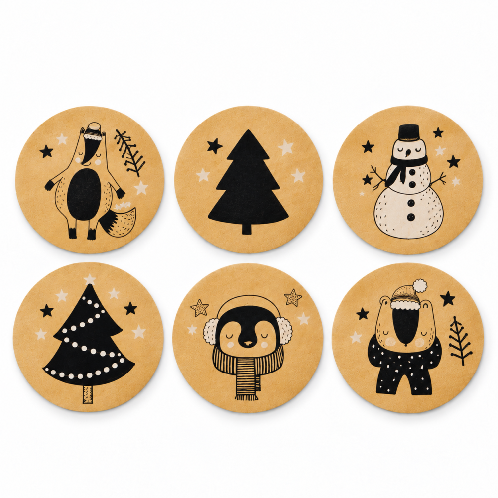 Rouleau d’étiquettes kraft motifs Hiver - 6 modèles assortis