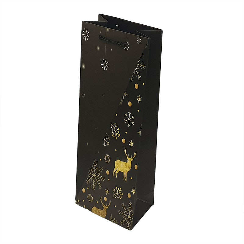 12 sacs cadeaux pour bouteille noir et doré motif renne de Noël 12.5x8x36cm - 9212