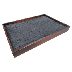 Set di 5 vassoi per 100 anelli in legno scuro e alcantara grigia