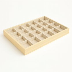 Set di 5 vassoi per gemmologia con scomparti piccoli in legno e cotone beige naturale