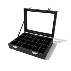 Set di 5 piccole valigette con vetro e 24 mini scomparti in similpelle nera