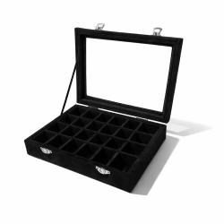 Set di 5 piccole valigette con vetro e 24 mini scomparti in velluto nero