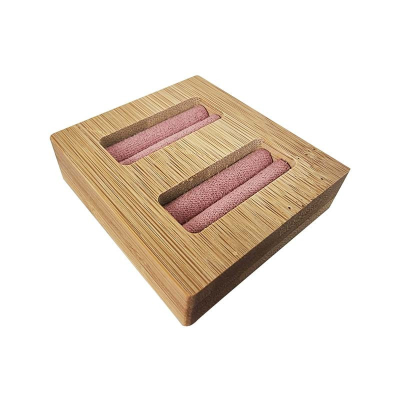 Mini plateau pour 2 bagues en bois et suédine rose-11394