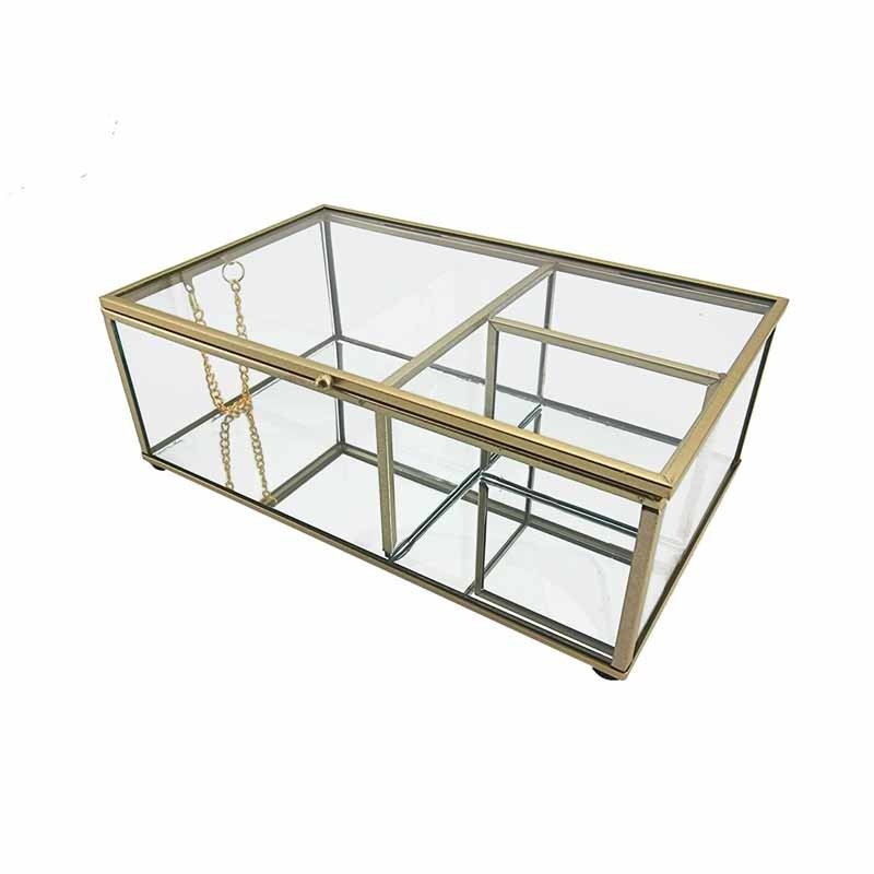 Grande boîte à bijoux en métal doré et en verre à compartiments 25x17.5x8.5cm