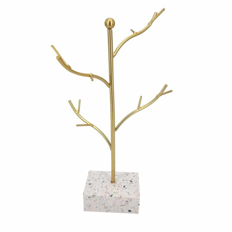Arbre à bijoux en métal doré sur socle rectangulaire effet terrazzo