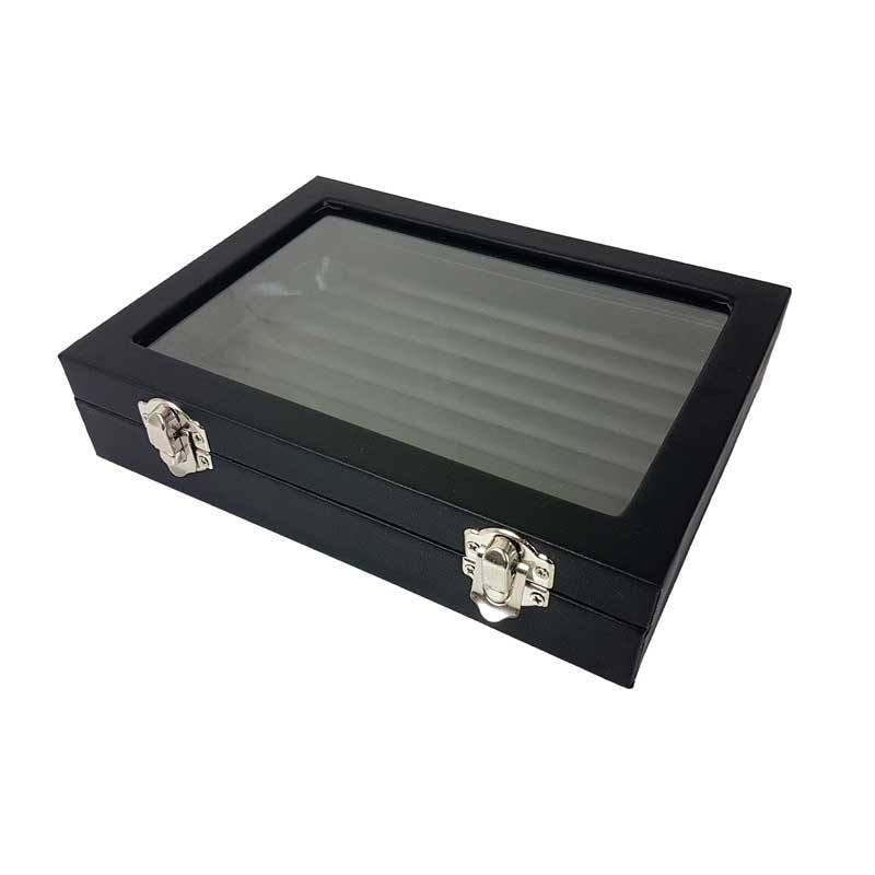 Lot de 5 petites mallettes vitrées pour bagues en simili cuir noir - 17069x5