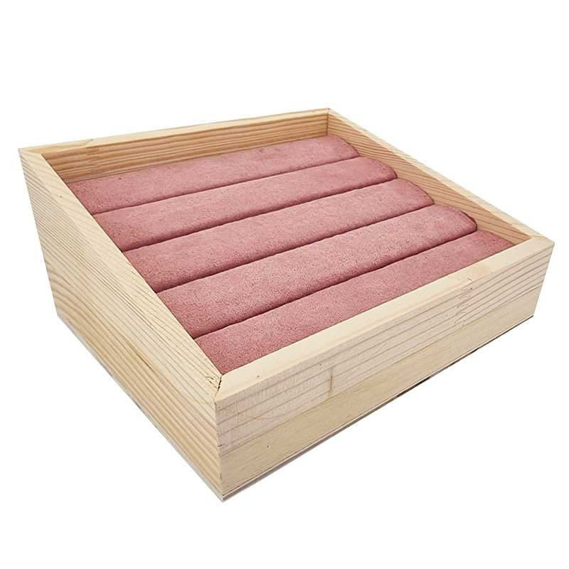 Piccolo vassoio inclinato in legno e alcantara rosa per anelli