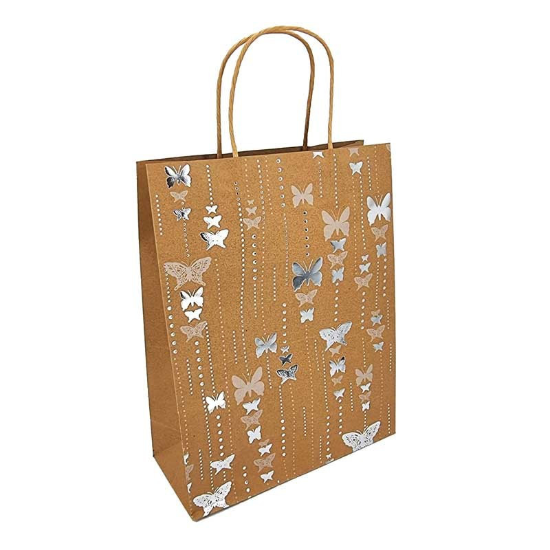12 grandi sacchetti in carta kraft naturale con motivo a farfalle argentate 24,5x10,5x31 cm