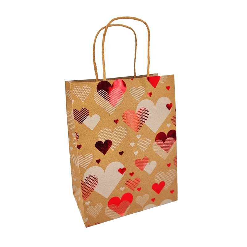 12 sacchetti di carta kraft marrone con motivo a cuori rossi lucidi 18x10x23 cm