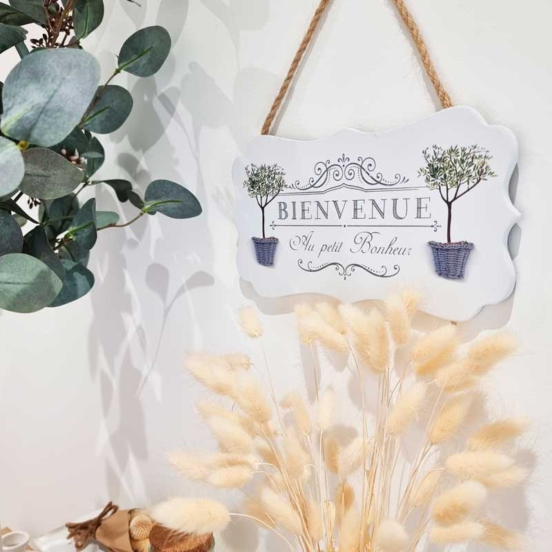 Pancarte décorative "Bienvenue" aspect bois blanc