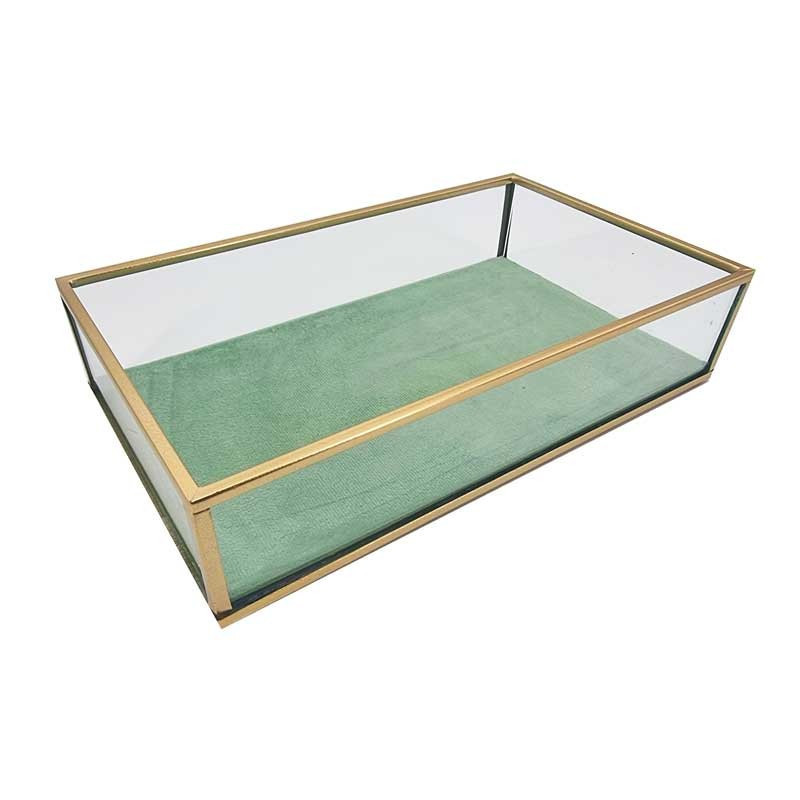 Plateau à bijoux vide en métal doré et en verre fond suédine vert amande