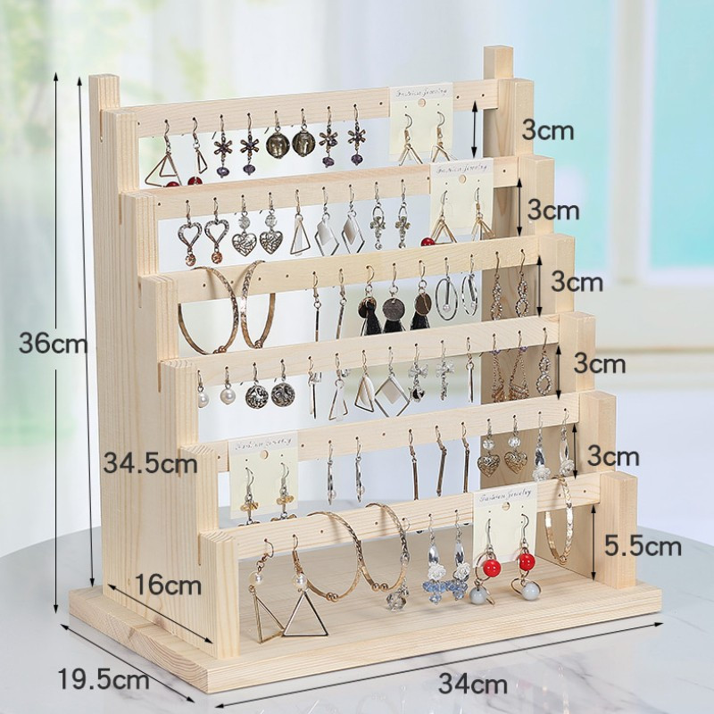 Support à boucles d'oreilles étagère en bois naturel à 6 niveaux