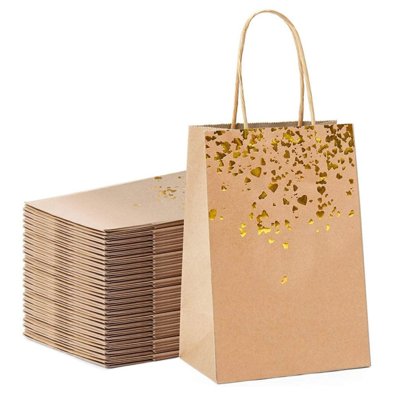12 bustine in carta kraft marrone naturale con cuori rosa dorati 15x8x21 cm