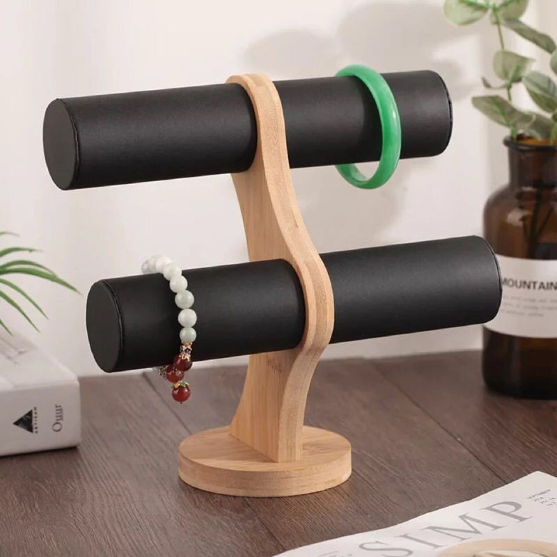 Porte bracelets à 2 niveaux en bois et simili cuir noir-11701