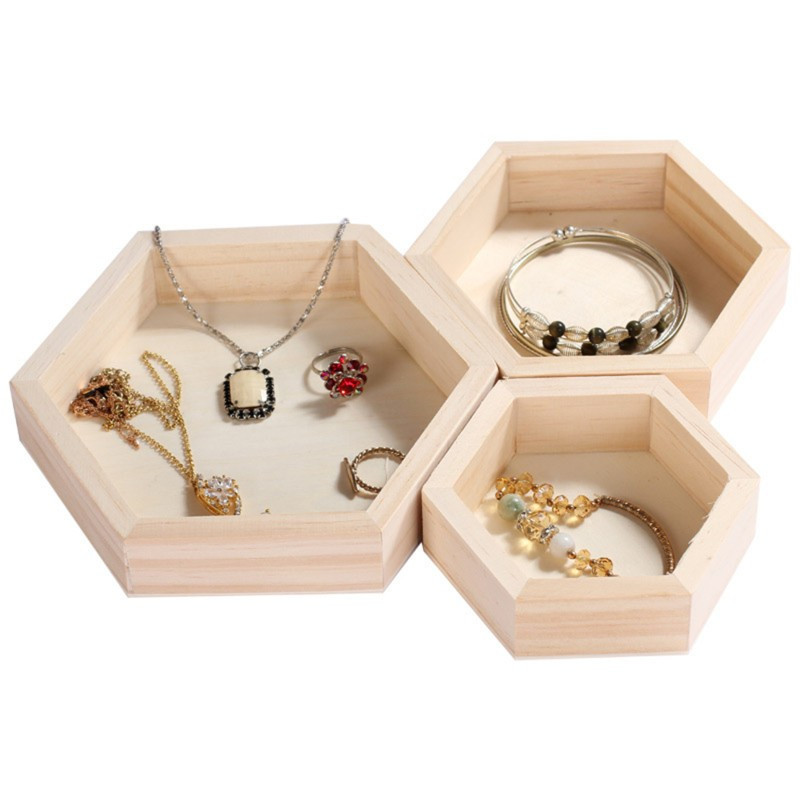 Lot de 3 petits plateaux de forme hexagonale en bois de pin - 22161