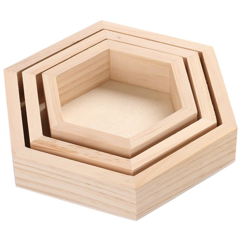 Lot de 3 petits plateaux de forme hexagonale en bois de pin - 22161
