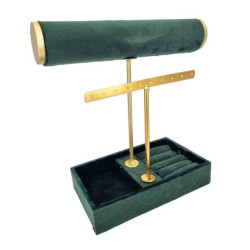 Espositore per gioielli con bracciali, orecchini e anelli in velluto verde abete