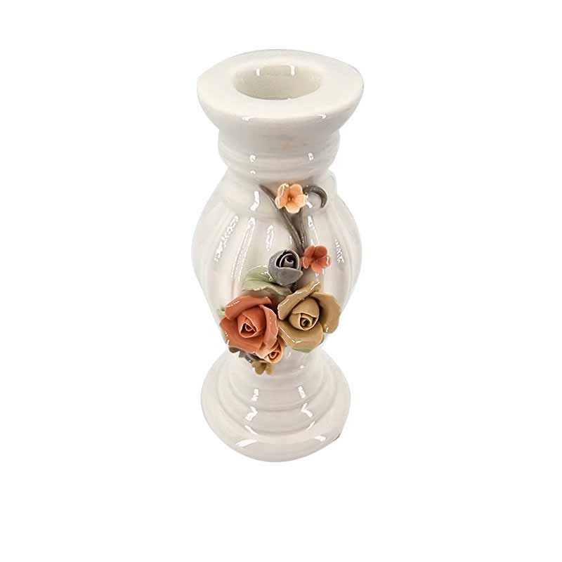 Bougeoir haut en céramique blanc décoration de fleurs en relief