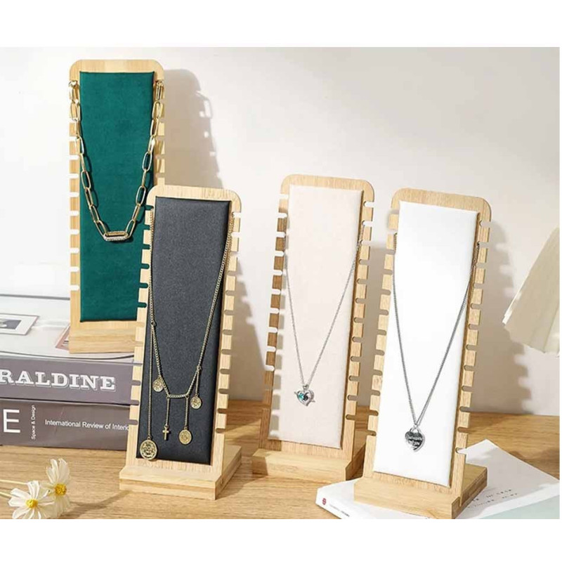 Présentoir colliers vertical petite largeur en bois et simili cuir blanc - 9175