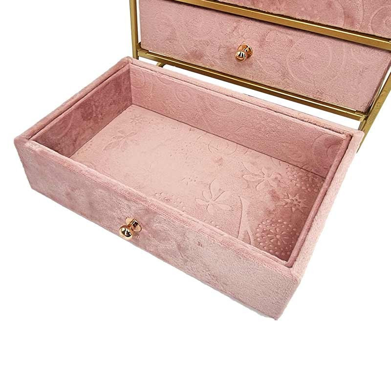 Boîte à bijoux à tiroirs en métal doré et velours rose poudré