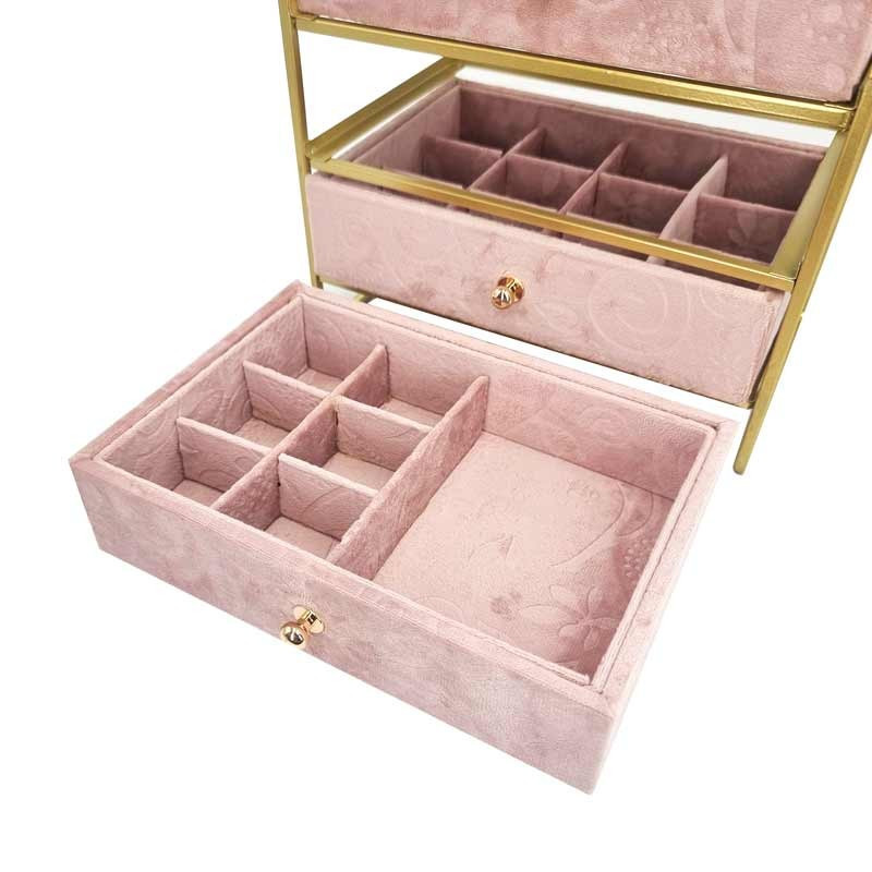 Boîte à bijoux à tiroirs en métal doré et velours rose poudré