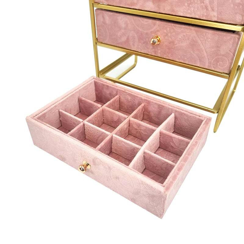 Boîte à bijoux à tiroirs en métal doré et velours rose poudré
