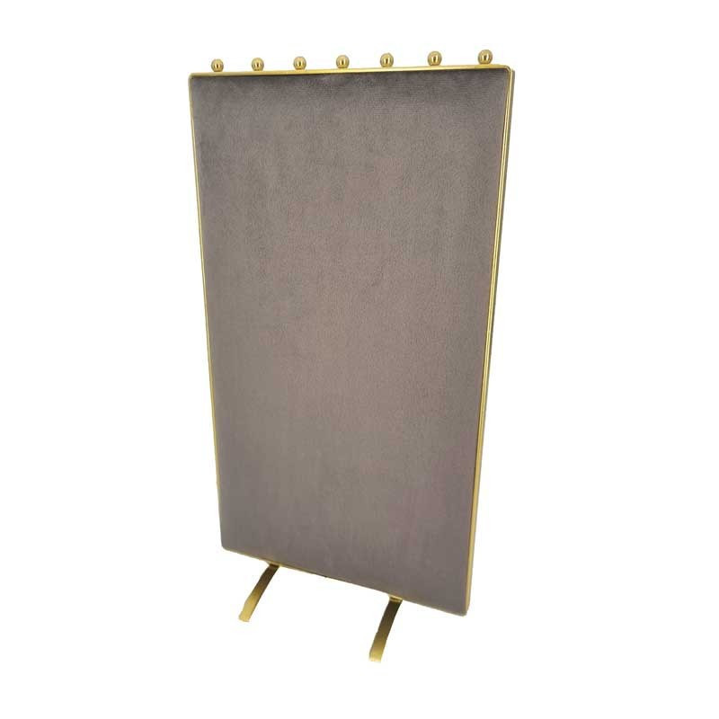 Grande espositore per collane in metallo dorato vintage rivestito in velluto ecru e grigio topo