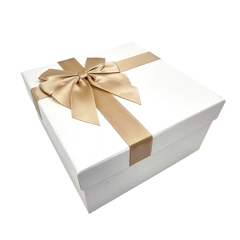 Scatola regalo con fiocco in raso dorato 17x17x8,5 cm - Bianca