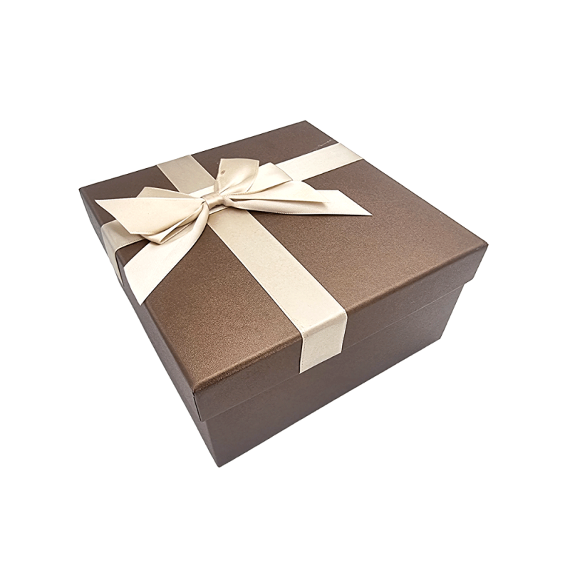 Piccola scatola regalo con fiocco in raso dorato 15x15x7,5 cm - Cioccolato