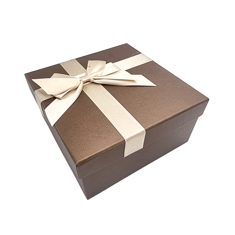 Scatola regalo con fiocco in raso dorato 17x17x8,5 cm - Cioccolato