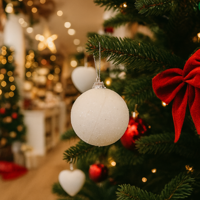 Set di 6 palline bianche con paillettes da appendere per decorare l'albero di Natale