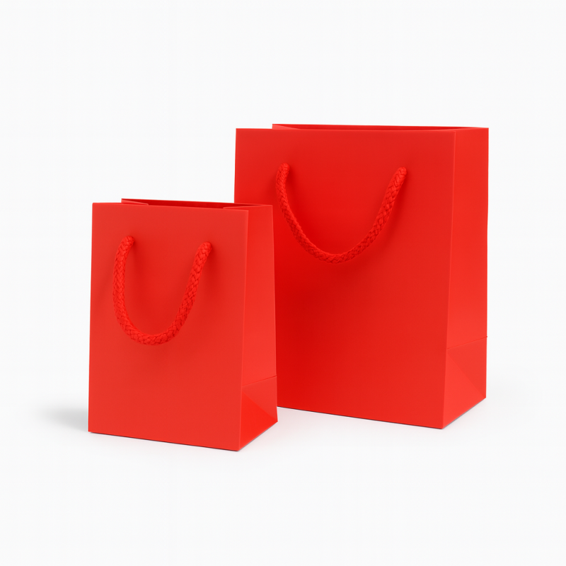 Mini sacchetti regalo in carta patinata rossa 6x5x9 cm venduti in confezioni da 12