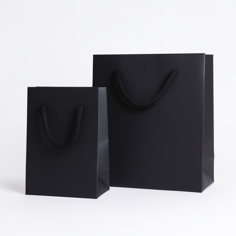 Mini sacchetti regalo in carta patinata nera 6x5x9 cm venduti in confezioni da 12