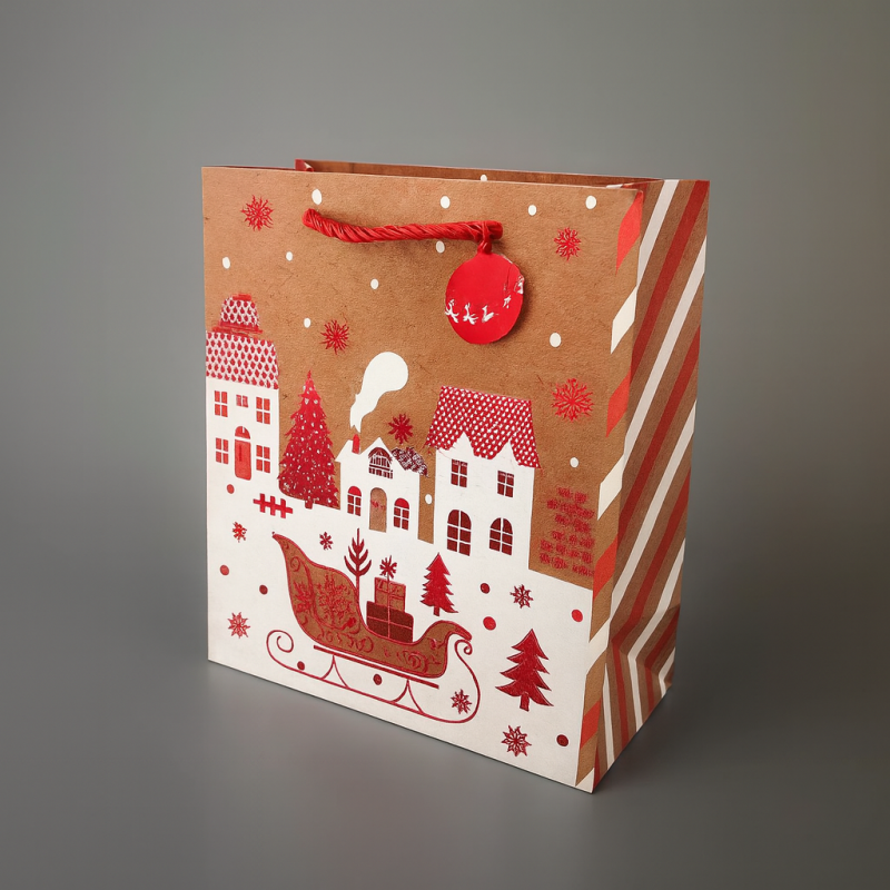 12 sacchetti natalizi con motivo slitta rossa brillante su sfondo effetto kraft 26x12x32 cm