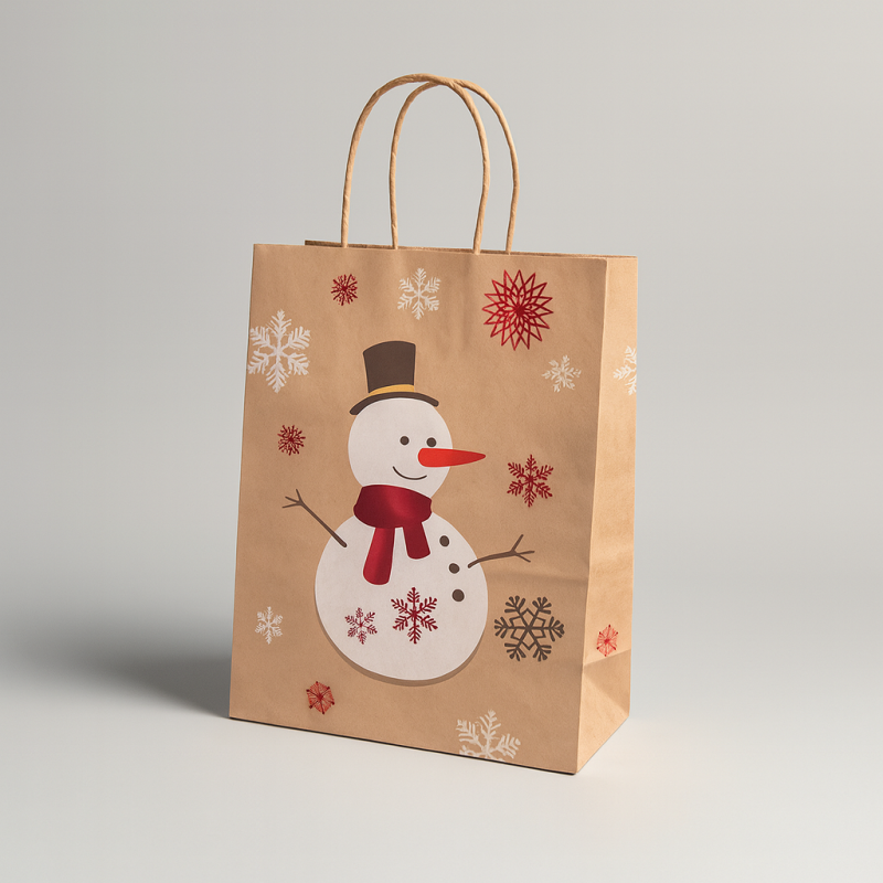 12 sacchetti in carta kraft marrone naturale "Pupazzo di neve" - 21x11x27 cm