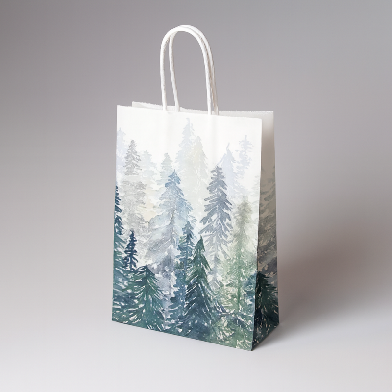 12 sacchetti di carta bianca natalizia con motivo foresta di abeti - 15x8x21 cm