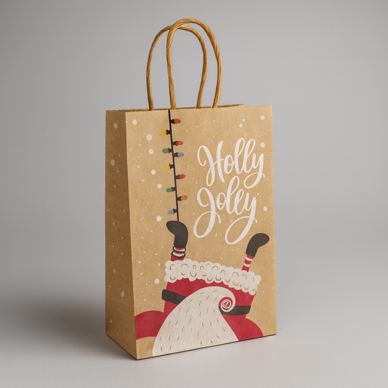 12 sacchetti di carta kraft marrone naturale con motivo Babbo Natale rosso 21x11x27 cm